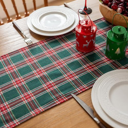 Joyfol Day Green Tartan Christmas Table Runner 13x72 Inch - Stain Resistant & Washable Holiday Decor