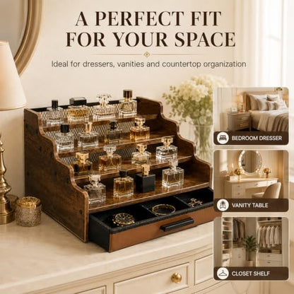 Brown Wooden 4-Tier Cologne Organizer Stand with Drawer - Square