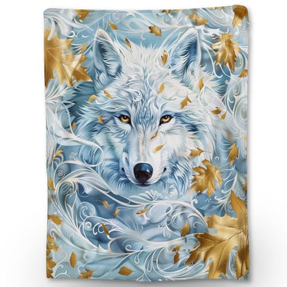 Lightweight Wolf & Maple Leaf Blanket 80x60 Inch Cozy Flannel Throw - Wolf01