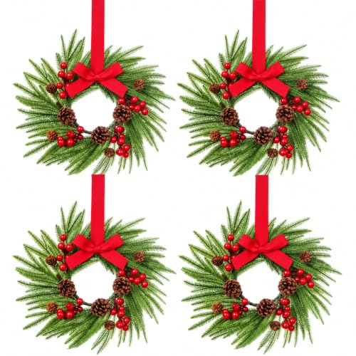 4 Pcs Mini Christmas Wreath 15 Inch with Red Ribbon - Farmhouse Holiday Decor