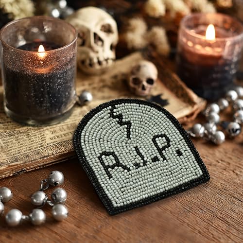 Halloween Beaded Coasters Set - Gravestone RIP Design, 4 Pack, Black & Grey