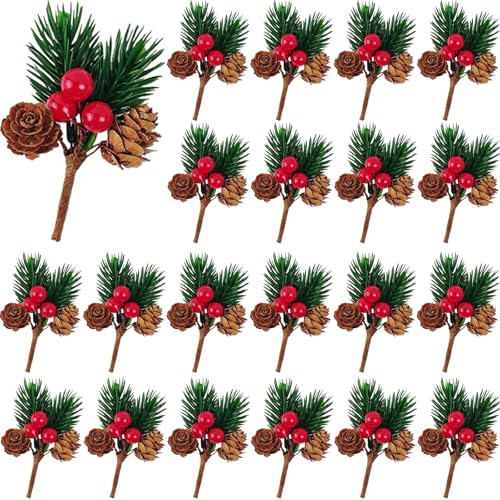 Christmas Floral Picks with Pine Cones and Red Berries, 30 Pack for Holiday Decoration