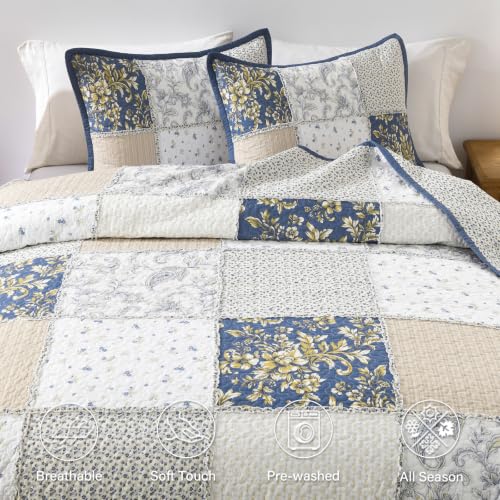 White Cotton Plaid Quilt Set King Size Bedspread with Shams - Vintage Rustic Bedding