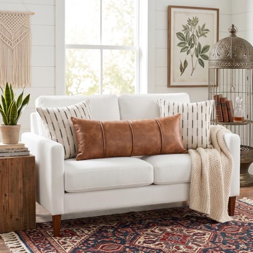 14x36 Faux Leather Lumbar Pillow Cover - Extra Long Body Cushion for Bed & Couch, Hand Stitched Tobacco Brown