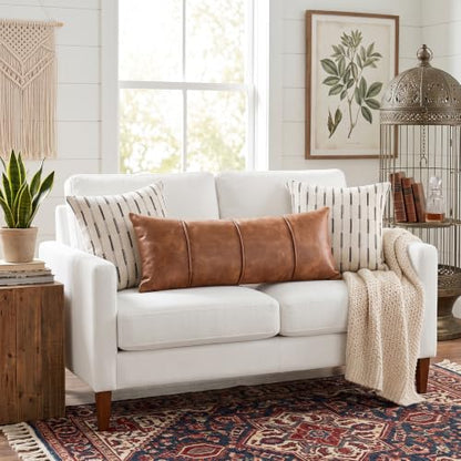 14x36 Faux Leather Lumbar Pillow Cover - Extra Long Body Cushion for Bed & Couch, Hand Stitched Tobacco Brown