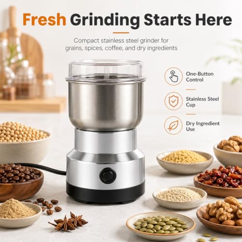 Silver High-Speed Stainless Steel Grain & Spice Grinder with Coffee Mill Attachment