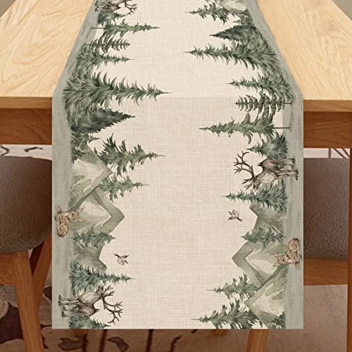 Winter Forest Reindeer Pine Tree Table Runner for Christmas - 13"x48"