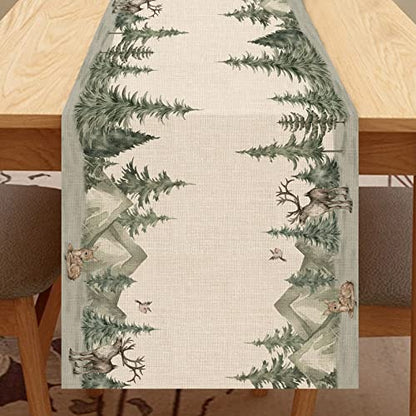 Winter Forest Reindeer Pine Tree Table Runner for Christmas - 13"x48"