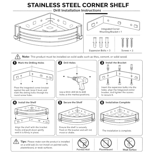 Stainless Steel Corner Shower Caddy Wall Mount Polished No Towel Bar
