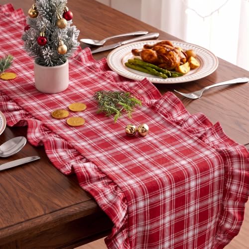 Christmas Red Tartan Plaid Table Runner with Ruffled Edges - 14 x 72 Inches - White Red / Plaid Variation