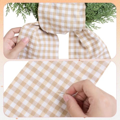 Beige Gingham Wreath Sash for Front Door - 2 Pcs with Bow - Fall & Seasonal Decor