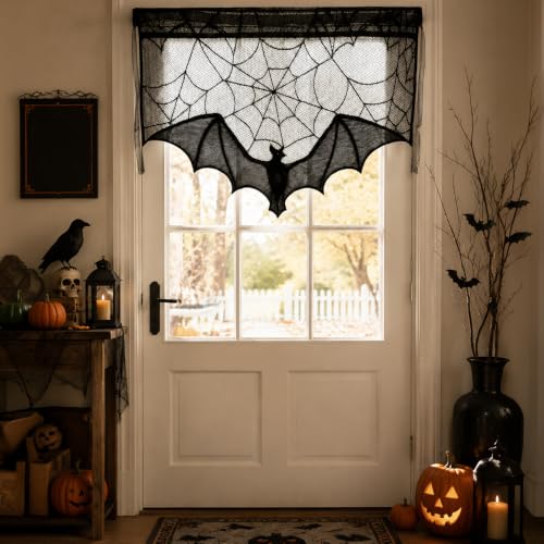 Halloween Black Lace Bat Window Curtains - Spiderweb Design, 2 Pack - Variation of Black-Bat/2