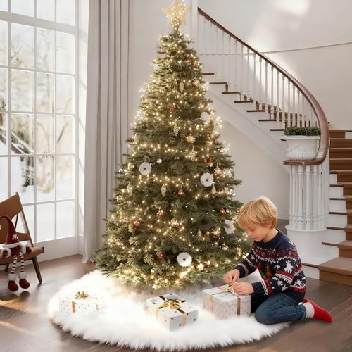 Upgraded White Faux Fur Christmas Tree Skirt - 60 Inch Plush Xmas Base Cover
