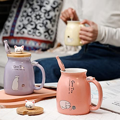Cute Cat Mug Set of 4 with Lid & Fish Spoon - 15oz Kitchen Decor Gift