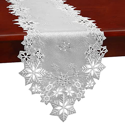 Christmas Snowflake Embroidered Silver Table Runner 14x108 Inches - Winter Holiday Decor