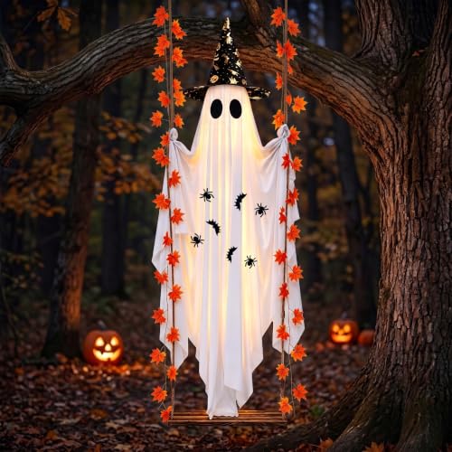 Large Outdoor Hanging Ghost Decor with Witch Hat & LED Lights - 5.4FT Halloween Yard & Porch Decoration