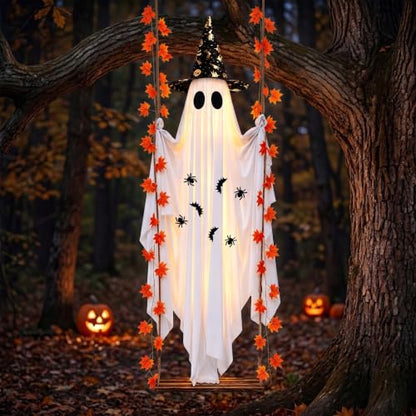 Large Outdoor Hanging Ghost Decor with Witch Hat & LED Lights - 5.4FT Halloween Yard & Porch Decoration