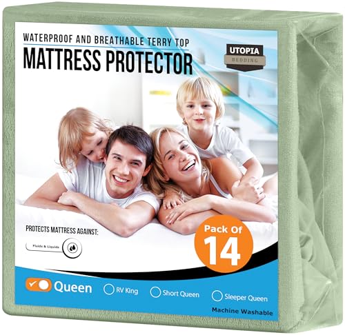 Utopia Bedding Waterproof Mattress Protector Queen Size (Pack of 14), Premium Terry Mattress Cover 200 GSM, Breathable, Fitted Style with Stretchable Pockets (Sage)
