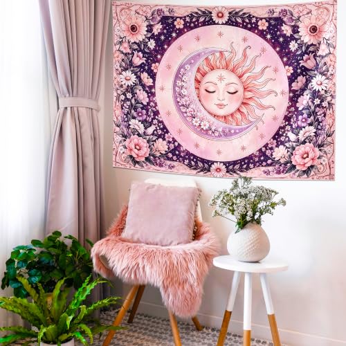 Purple & Pink Boho Sun and Moon Tapestry Wall Hanging 60x44 Inches - Bedroom Decor