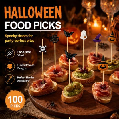100PCS Halloween Skull Pumpkin Ghost Bat Food Skewers - Bamboo Cocktail Picks