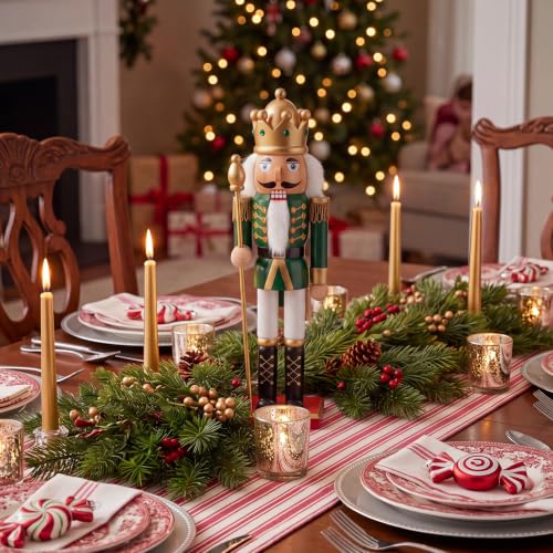 Christmas Nutcracker Decor 12 Inch Wooden Soldier Figurine - Green Gold Variation