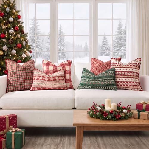 Christmas Plaid Pillow Cover 18x18 with Velvet Piping - Red, Kevin Textile Variation C-Red/18"