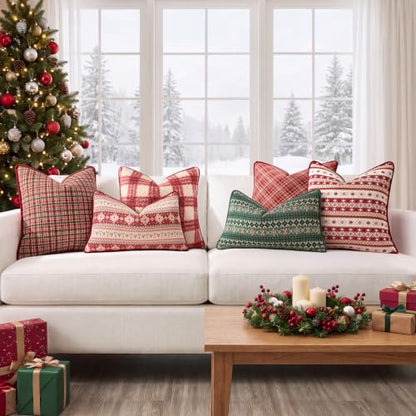 Christmas Plaid Pillow Cover 18x18 with Velvet Piping - Red, Kevin Textile Variation C-Red/18"