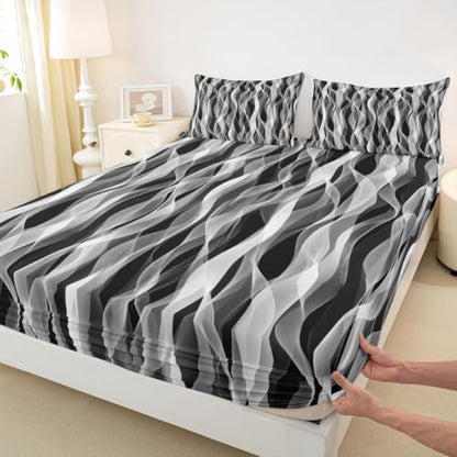 Kids Twin Sheet Set - Grey White Black Gradient Abstract Wavy Ribbon Design