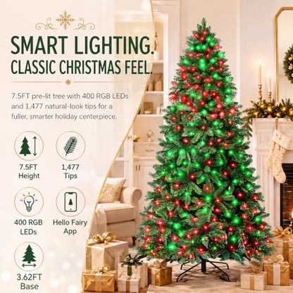 7.5FT Pre-Lit Artificial Christmas Tree with RGB LEDs - Green, Remote Control