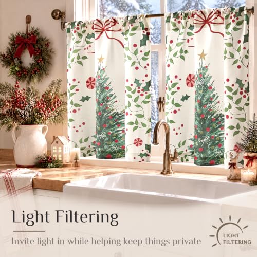 Christmas Tree Pattern Kitchen Curtains - 2 Panels 26x36 Inches, Festive Rod Pocket Window Drapes