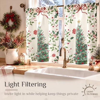 Christmas Tree Pattern Kitchen Curtains - 2 Panels 26x36 Inches, Festive Rod Pocket Window Drapes