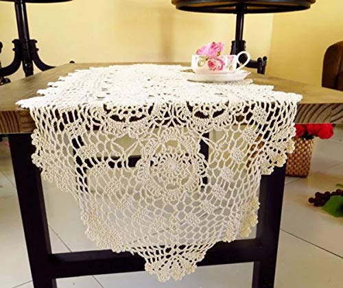 Beige Handmade Cotton Crochet Doilies Table Runner - 16 x 35 Inches - Oval Lace Decor