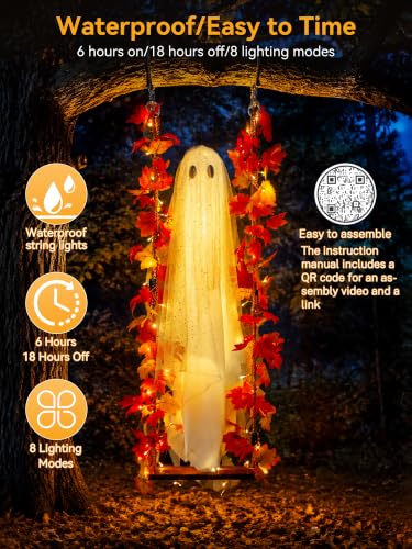 Medium Plus Hanging Ghost Halloween Decorations with Swing & Lights - 5.3ft Outdoor/Indoor Decor