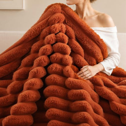 Burnt Orange Faux Rabbit Fur Throw Blanket 50x60 Fluffy Cozy Plush