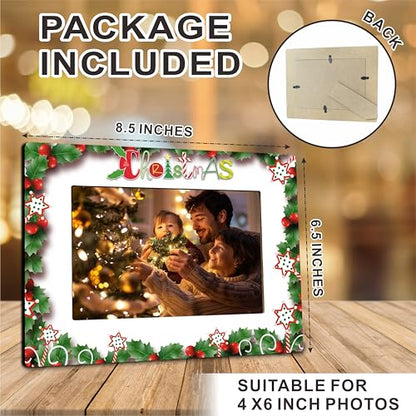 Merry Christmas Floral Photo Frame Fits 4x6 Inch Pictures Wooden Decor Home Office Party