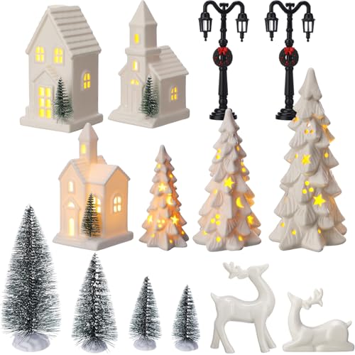 14-Piece LED Christmas Village Set Ceramic Houses Trees Reindeer Lights