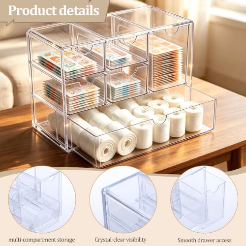 Stackable Clear Acrylic Bandaid Organizer with 6 Drawers for First-Aid Supplies