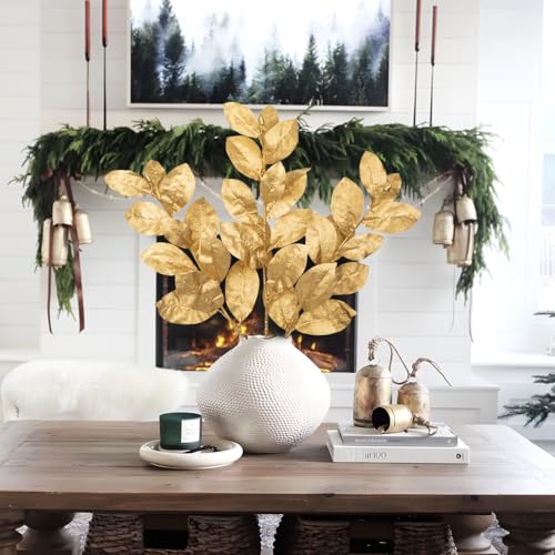 Faux Gold Magnolia Branches - Glitter Gold 28.7in Artificial Floral Stem for Holiday & Home Decor