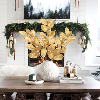 Faux Gold Magnolia Branches - Glitter Gold 28.7in Artificial Floral Stem for Holiday & Home Decor