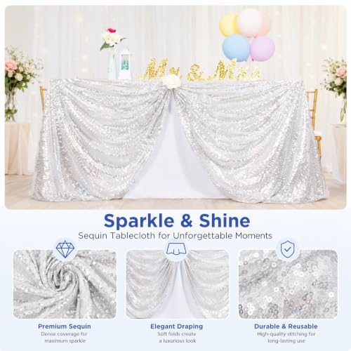 Silver Sequin Tablecloth 50x72 Inch - Sparkly Glitter for Wedding Party, Rectangular Silver
