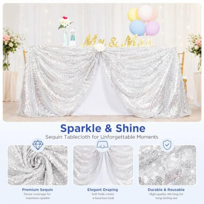Silver Sequin Tablecloth 50x72 Inch - Sparkly Glitter for Wedding Party, Rectangular Silver