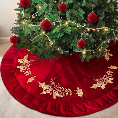 Christmas Tree Skirt Red 48 Inch Velvet with Gold Holly Embroidery - Variation of THIS listing
