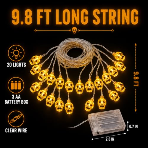 Halloween Skull String Lights - 9.8FT 20 LED Battery Operated - Variation A