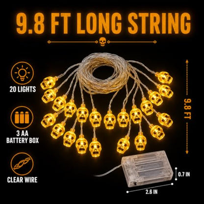 Halloween Skull String Lights - 9.8FT 20 LED Battery Operated - Variation A