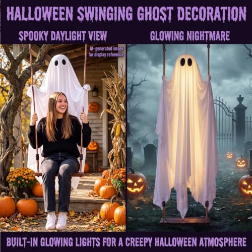 White 5FT Swinging Ghost Halloween Outdoor Decor with Light & Timer