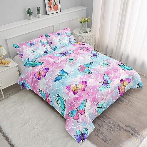 Datura home Kids Comforter Set Mermaid Scale Butterfly Printed Pattern Bedding Set with 1 Comforter and 2 Pillowcases for Girls Boys Bedroom All Season(Mermaid Full)