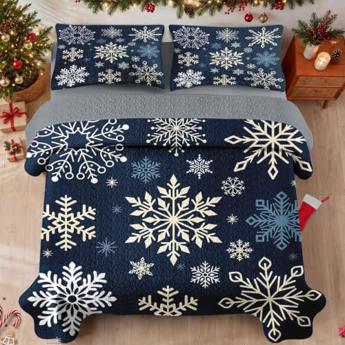 Queen Snowflake Quilt Set - Winter Christmas Bedding 3 Pieces
