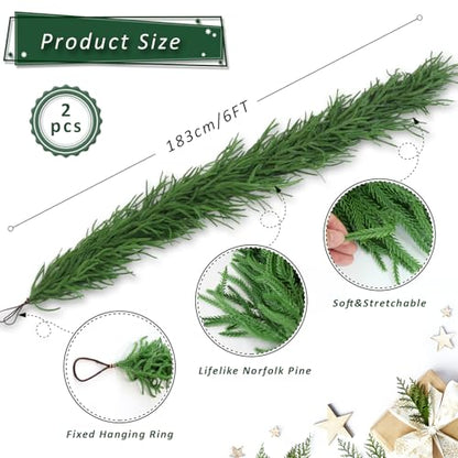2-Pack 6FT Real Touch Norfolk Pine Garland for Christmas Holiday Decor - Indoor Outdoor