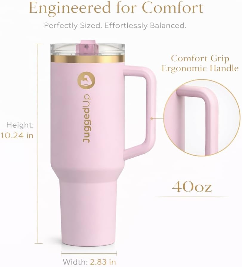Skiennix 40oz Insulated Stainless Steel Tumbler - Leak-Proof Travel Mug with Handle & Straw Lid | Blush Gold