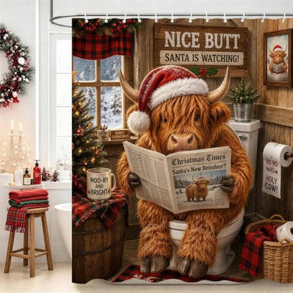 Christmas Highland Cow Theme Waterproof Shower Curtain Set with 12 Hooks - 72x72 In - Brownred